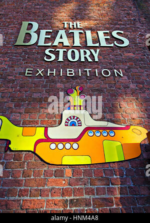 Liverpool Regno Unito, 5 gennaio 2017, il Beatles Story mostra segno, all'Albert Dock, Liverpool, Regno Unito. Una popolare attrazione turistica. Foto Stock