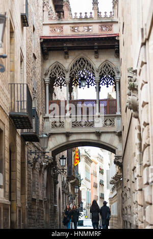 Barcellona il Ponte dei Sospiri, facciata laterale del Carrer del Bisbe, gotica Cattedrale de La Catedral de la Santa Creu i Santa Foto Stock