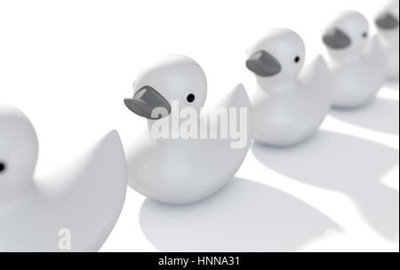 Una fila di organizzato e pronto in gomma grigia anatra bagno giocattoli isolato su un background - 3D render Foto Stock