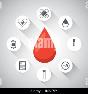 Goccia di sangue con icone di medici intorno su sfondo bianco. donazione sangue concetto. design colorato. illustrazione vettoriale Illustrazione Vettoriale