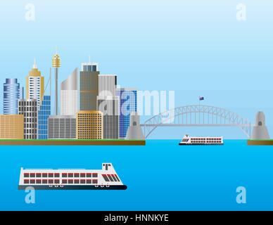 Sydney Australia Skyline Landmarks Harbour Bridge illustrazione Illustrazione Vettoriale