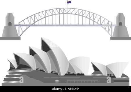 Sydney Australia Skyline Landmarks Harbour Bridge e Opera House illustrazione Illustrazione Vettoriale