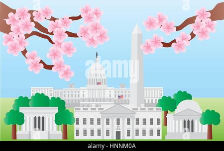 Washington DC US Capitol Building monumento di Jefferson e Lincoln Memorial con fiori di ciliegio illustrazione Illustrazione Vettoriale