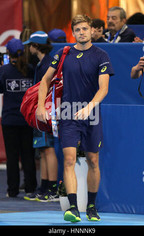 Sofia, Bulgaria - 12 Febbraio 2017: David Goffin dal Belgio (nella foto) prima di giocare contro Grigor Dimitrov dalla Bulgaria durante il match finale Foto Stock