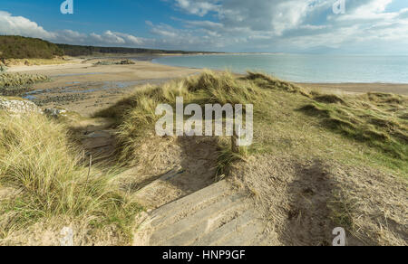 Vista della spiaggia di Newborough dall isola di Llanddwyn, Anglesey Foto Stock
