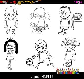 Bianco e Nero Cartoon illustrazione dei bambini il set di caratteri nella pagina di colorazione Illustrazione Vettoriale