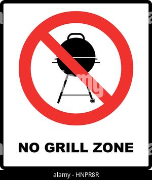 Nessuna zona grill simbolo, non ammessi Barbecue - divieto di segno. Avviso di vettore banner per publc luoghi, spiagge, all'aperto, parchi, forestes. Punto esclamativo, generi Illustrazione Vettoriale