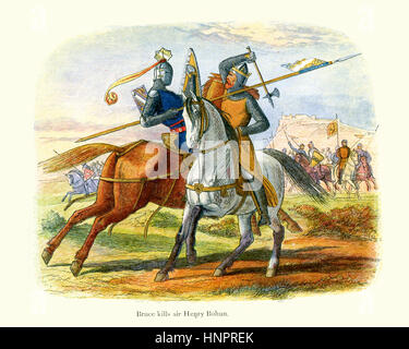 Robert the Bruce uccide il Sir Henry de Bohun nella Battaglia di Bannockburn nel 1314. Henry de Bohun, nipote del Conte di Hereford, stava cavalcando davanti a h Foto Stock