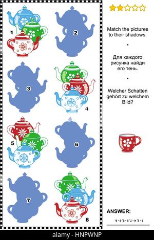 Visual puzzle: abbinare le immagini di teiere colorati per le loro ombre. Risposta inclusa. Illustrazione Vettoriale