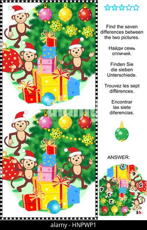 Vacanza invernale a tema puzzle visivo: trovare le sette differenze tra le due immagini di scimmie, albero di Natale e regali. Risposta inclusa. Illustrazione Vettoriale