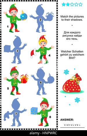 Natale o Capodanno a tema puzzle visivo: abbinare le immagini di elfi di natale per le loro ombre. risposta inclusa. Illustrazione Vettoriale