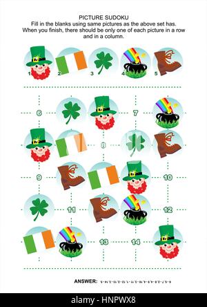 St. Patrick's day foto a tema sudoku puzzle 5x5 (un isolato). Risposta inclusa. Illustrazione Vettoriale