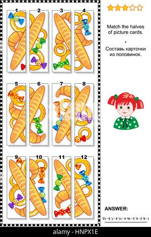 Visual puzzle: corrisponde alla metà delle carte con vari beni cotti al forno e caramelle colorate. Risposta inclusa. Illustrazione Vettoriale