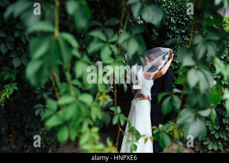 Bella giovani sposi kissing , biondo sposa con flowe Foto Stock