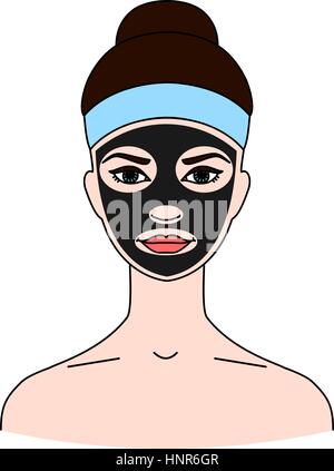 Nero maschera cosmetici su un volto di donna. Il concetto di trattamenti di bellezza e cura per la pelle e per la pulizia del viso. Isolato su sfondo bianco. Illustrazione Vettoriale