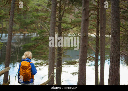 Una donna escursionista guarda gli alberi e un lago Foto Stock