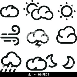 Isolato in bianco e nero gli elementi di colore di previsioni meteo raccolta di icone in stile lineart. Illustrazione Vettoriale