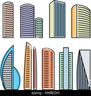 Isolato di grattacieli colorati in stile lineart raccolta di icone, elementi urbano di edifici architettonici illustrazioni vettoriali set. Illustrazione Vettoriale