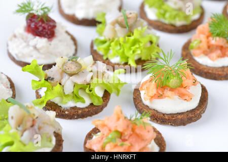 Gustoso pesce finger food con salmone affumicato tartaro su di rafano, mousse di trota con mirtilli e insalata di aringhe sul pane pumpernickel Foto Stock