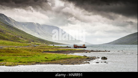 Panorama della barca da pesca relitto arrugginimento lontano nel fiordo a Mjoifjordur nell'Islanda Orientale sotto il cielo nuvoloso Foto Stock