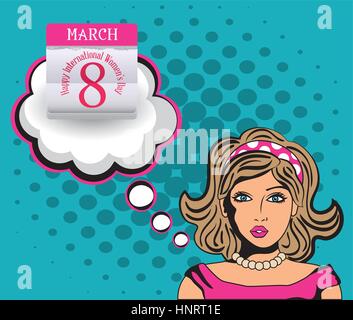 Felice international womens day donna pop art card illustrazione vettoriale EPS 10 Illustrazione Vettoriale