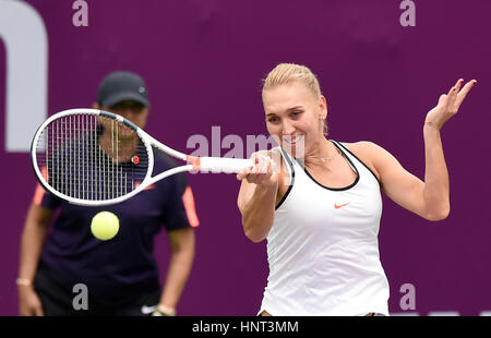 Doha in Qatar. Xvi Feb, 2017. Elena Vesnina della Russia restituisce la sfera durante il singolare femminile 2° round match contro Lauren Davis degli Stati Uniti a WTA Qatar Open 2017 Al Khalifa International Tennis Complex di Doha, Qatar, Feb 16, 2017. Credito: Nikku/Xinhua/Alamy Live News Foto Stock