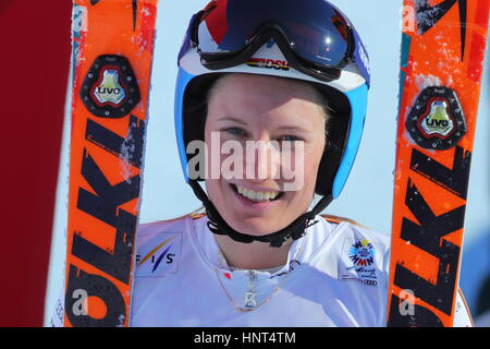 San Moritz, Svizzera. Xvi Feb, 2017. Atleta tedesca Lena Dürr a Mondiali di sci alpino a San Moritz, Svizzera, 16 febbraio 2017. Foto: Michael Kappeler/dpa/Alamy Live News Foto Stock