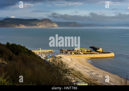 Lyme Regis, Dorset, Regno Unito. Xvi Feb, 2017. Regno Unito Meteo. Una vista da est attraverso il porto di Cobb a Lyme Regis nel Dorset, illuminati dal tardo pomeriggio di sole in una giornata di temperature sopra la media. Credito: Graham Hunt/Alamy Live News Foto Stock