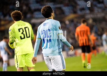 Vigo, Spagna. Xvi Feb, 2017. Giuseppe Rossi (avanti, Celta Vigo) durante la partita di calcio della prima tappa del giro di 32 della UEFA Europa League 2016/2017 tra RC Celta de Vigo e FK Shajtar Donetsk a Balaidos Stadium il 16 febbraio 2017 a Vigo, Spagna. Credito: David Gato/Alamy Live News Foto Stock