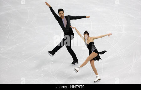 Lingshu canzone e Zhuoming Sun della Cina competere nella danza su ghiaccio programma breve durante l'ISU quattro continenti figura Skating Championships Evento di prova per PyeongChang 2018 Olimpiadi invernali a Gangneung Ice Arena Febbraio 16, 2017 in Gangneung, Corea del Sud. L'evento si svolge un anno prima dell'inizio del 2018 dei Giochi Olimpici Invernali di PyeongChang. (Jeon Han/Koreanet via Planetpix) Foto Stock