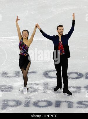 Yura Min e Alexander Gamelin della Corea del Sud di competere in coppie breve programma durante l'ISU quattro continenti figura Skating Championships Evento di prova per PyeongChang 2018 Olimpiadi invernali a Gangneung Ice Arena Febbraio 16, 2017 in Gangneung, Corea del Sud. L'evento si svolge un anno prima dell'inizio del 2018 dei Giochi Olimpici Invernali di PyeongChang. (Jeon Han/Koreanet via Planetpix) Foto Stock