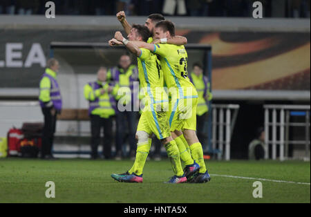 Belgio, Gand. Xvi Feb, 2017. Il 16 febbraio 2017, Gand, Belgio; Team Célébration Gand nell'Ghelamco Arena durante la UEFA Europa League 2016/2017 Round di 16, Credito: Laurent Lairys/Agence Locevaphotos/Alamy Live News Foto Stock