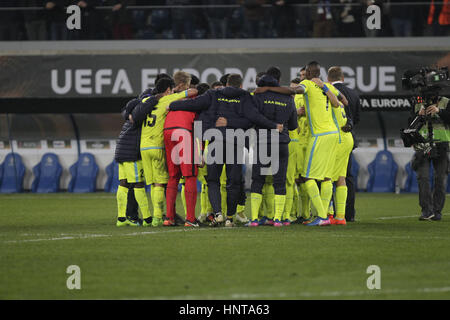 Belgio, Gand. Xvi Feb, 2017. Il 16 febbraio 2017, Gand, Belgio; Team Célébration Gand nell'Ghelamco Arena durante la UEFA Europa League 2016/2017 Round di 16, Credito: Laurent Lairys/Agence Locevaphotos/Alamy Live News Foto Stock