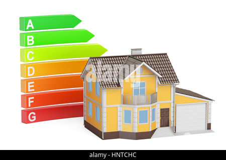 Efficienza energetica grafico con casa. Il risparmio energetico il concetto di consumo, rendering 3D Foto Stock