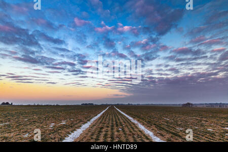 Sentieri di neve sul terreno coltivato con Scenic Twilight cielo sopra Foto Stock