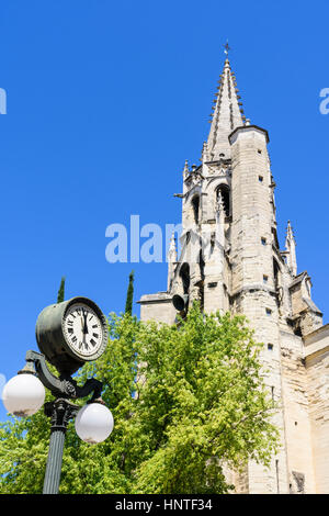 Basilique Saint-Pierre e old street light con orologio in Place Carnot, Avignon, Francia Foto Stock