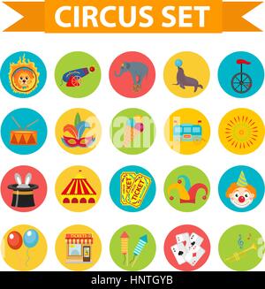 Circus icona impostare, piatta, stile cartoon. Impostare isolato su uno sfondo bianco con elefante, lion, Sealion, pistola, clown, biglietti. Gli elementi di design. Illustrazione Vettoriale, clip art. Illustrazione Vettoriale