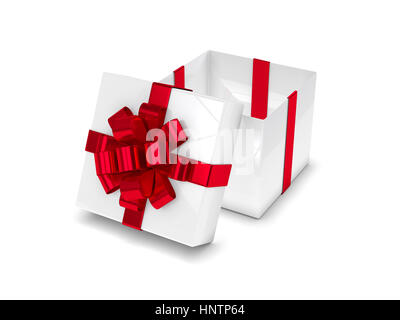 Il rendering 3d della confezione regalo con coperchio aperto isolate su sfondo bianco Foto Stock