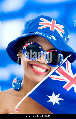 Donna asiatica in Australian colori patriottici Foto Stock