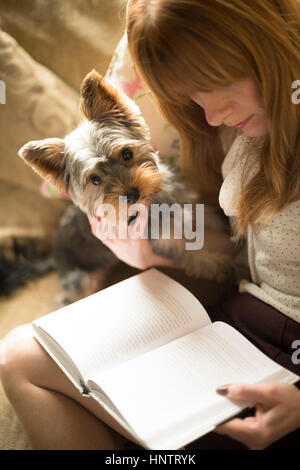 La donna la lettura di un libro su un divano con il suo cane Foto Stock