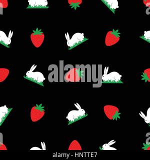 Seamless pattern coniglietto bianco sull'erba in esecuzione dopo le fragole divertente carino dolce estate design a molla giallo rosso verde bianco su sfondo nero Illustrazione Vettoriale