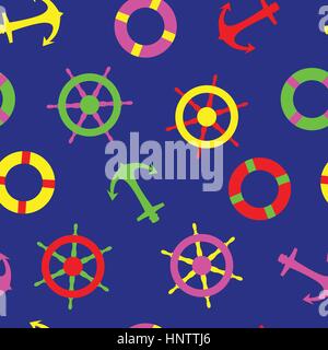 Seamless pattern nautico adatto per bambini stampa divertente colorato elementi gioiosi di ancoraggio della ruota Navi anello di vita Illustrazione Vettoriale