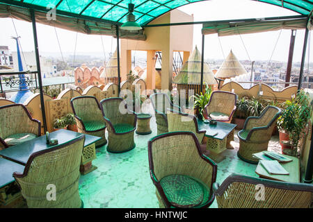 Popolari bilancio backpacker hotel,Hotel Pearl Palace,che ha un sacco di artwork e una terrazza sul tetto per bibite,i pasti nella Città Rosa,Jaipur Rajasthan,l'India. Foto Stock