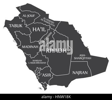 Arabia Saudita Mappa etichettati illustrazione nero Illustrazione Vettoriale