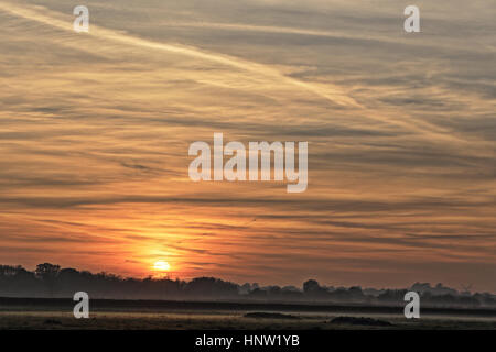 Tramonto su terreni agricoli vicino Slimbridge, Gloucestershire, Inghilterra, Regno Unito. (HDR) Foto Stock