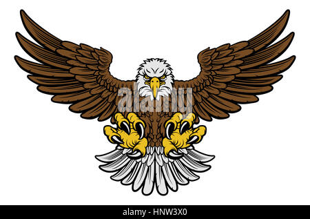 Cartoon bald American Eagle mascotte piomba con artigli e ali distese. Quattro versione a colori solo con brown, lightgray, giallo e bianco e nero Foto Stock