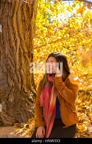 Donna asiatica parlando al cellulare in autunno Foto Stock