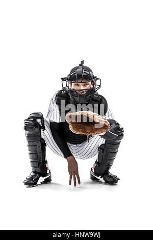 Il baseball catcher in attesa di una sfera Foto Stock