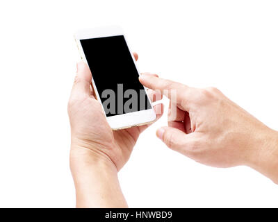 La mano di un maschio in possesso di un telefono cellulare con il nero schermo vuoto, isolato su sfondo bianco. Foto Stock