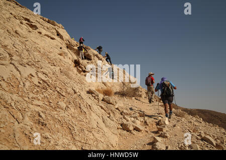 Due escursionisti escursione su di un trek di una roccia faranno salire come i loro coetanei che ci sono e il loro uso di bastoni da passeggio per supporto, Mt. Massor, Negev, Israele. Foto Stock